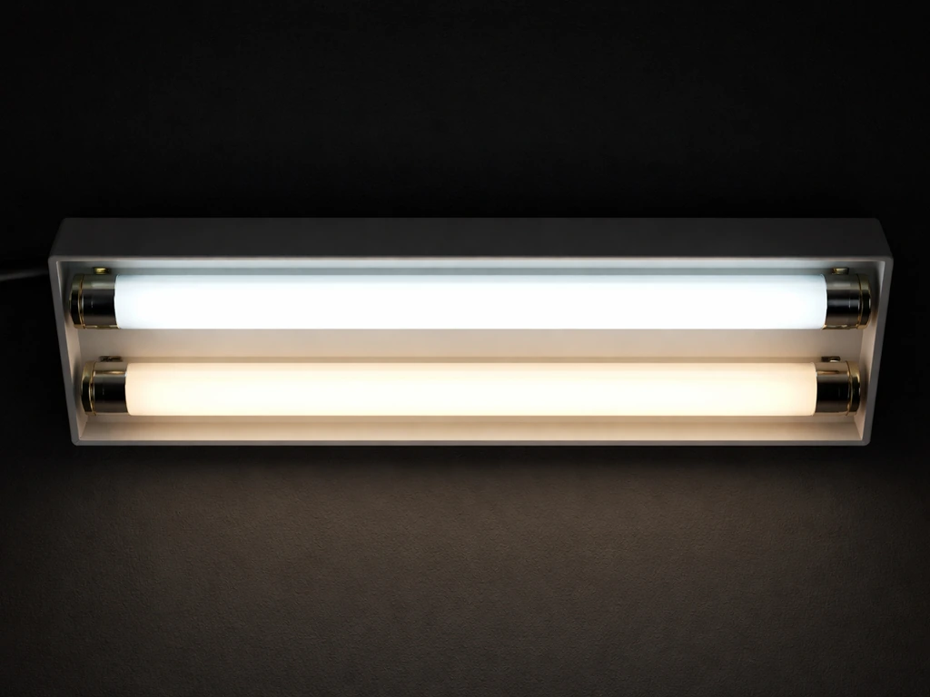 Close-up of fluorescent grow bulbs in a fixture with daylight and cool-white tones glowing, minimal grow setup.