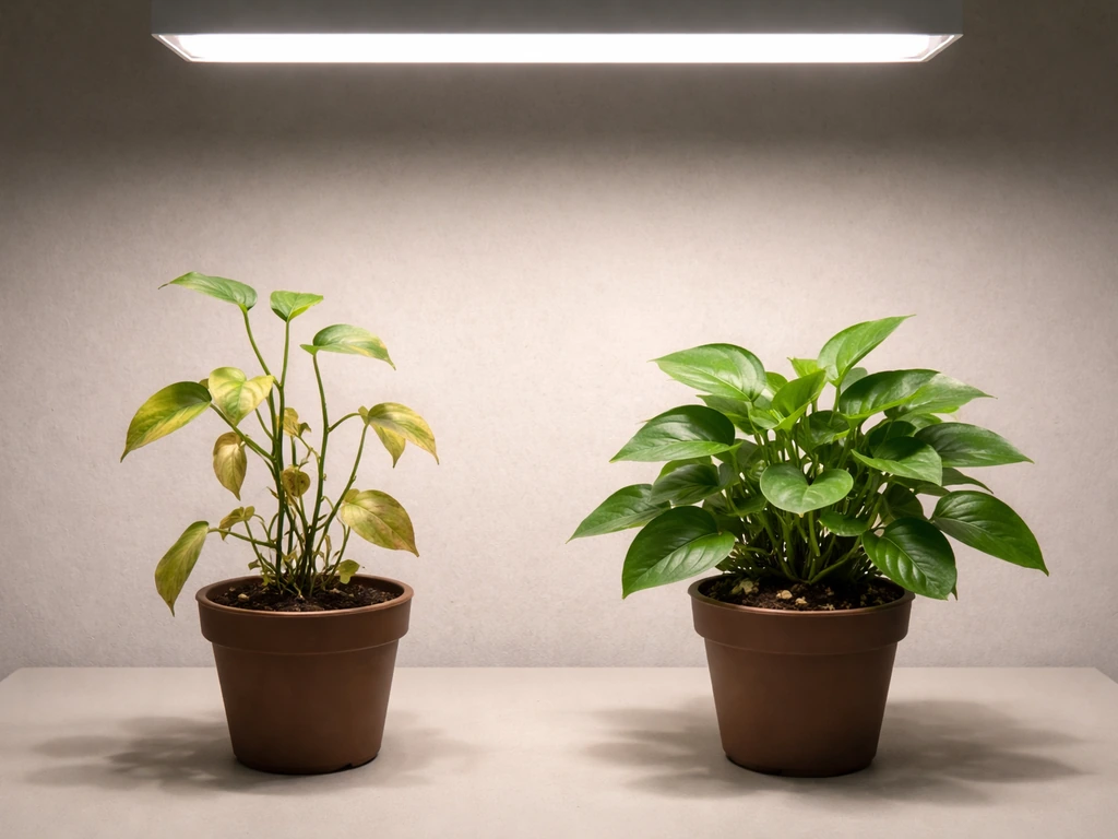 Two potted houseplants under weak fluorescent light: one leggy and yellow, the other greener after closer light.