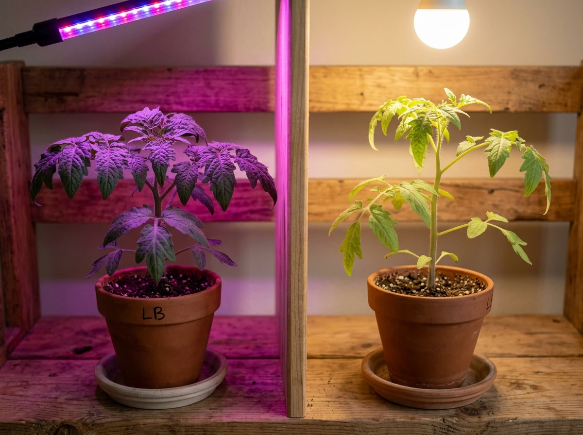 Two seedlings under different LED spectra side-by-side