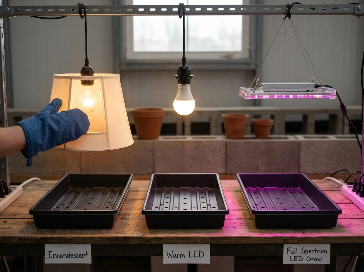 Incandescent vs LED vs grow light fixtures compared on a tabletop