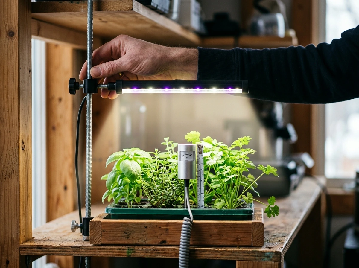 Adjusting an LED grow light distance above a potted herb canopy