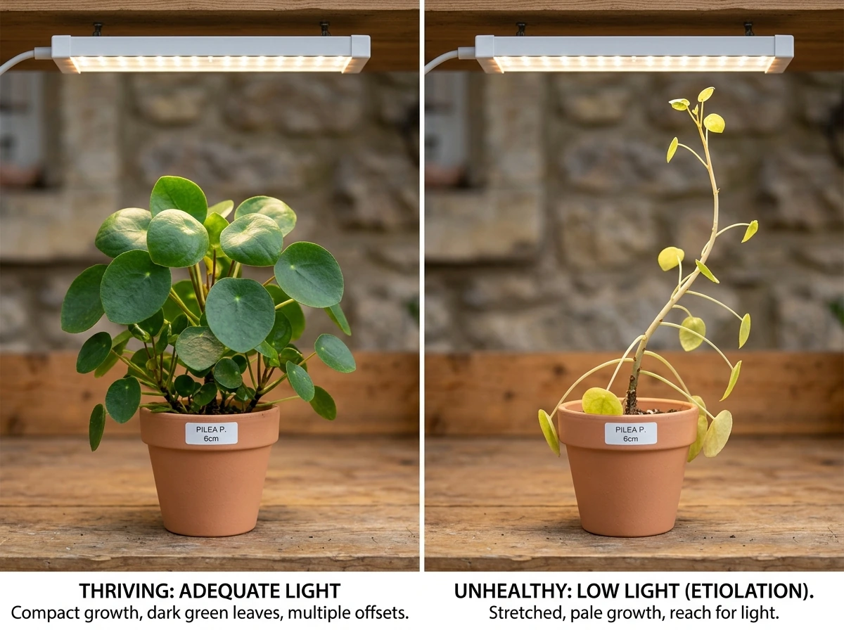 Healthy vs pale, stretched plants indicating insufficient indoor light