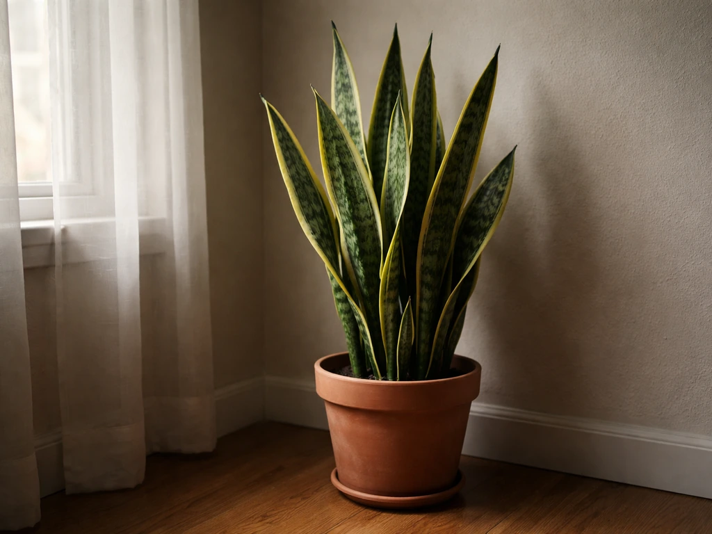 Snake plant thriving in a dim indoor corner near a window, leaves healthy and upright.