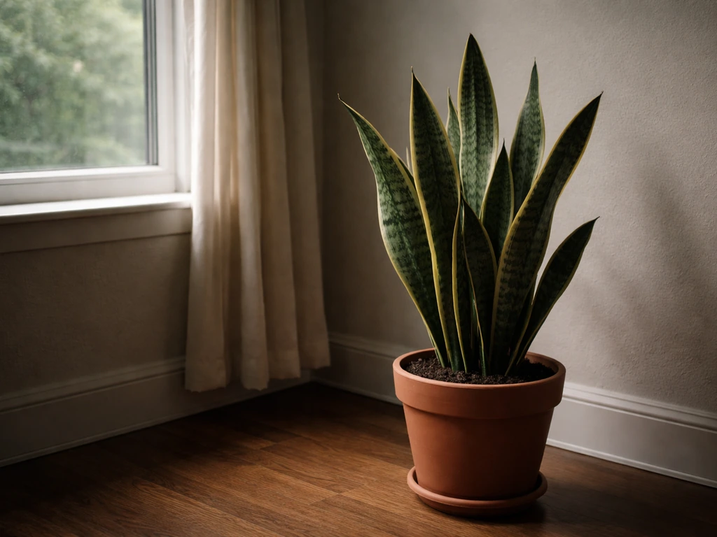 Snake plant a few feet from a north-facing window with gentle low indirect light in a dim room.