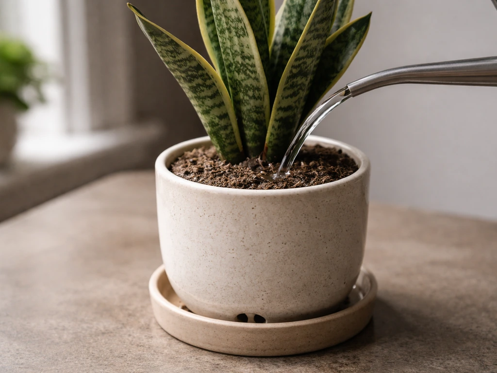 Close-up of watering a snake plant in dry soil, highlighting drainage holes and non-waterlogged topsoil.