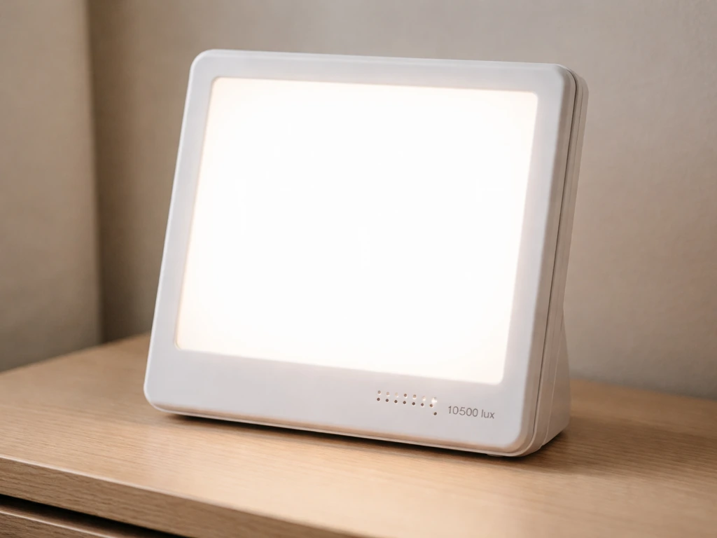 Close-up of a light therapy lamp’s front panel with brightness markings for seasonal affective disorder treatment.
