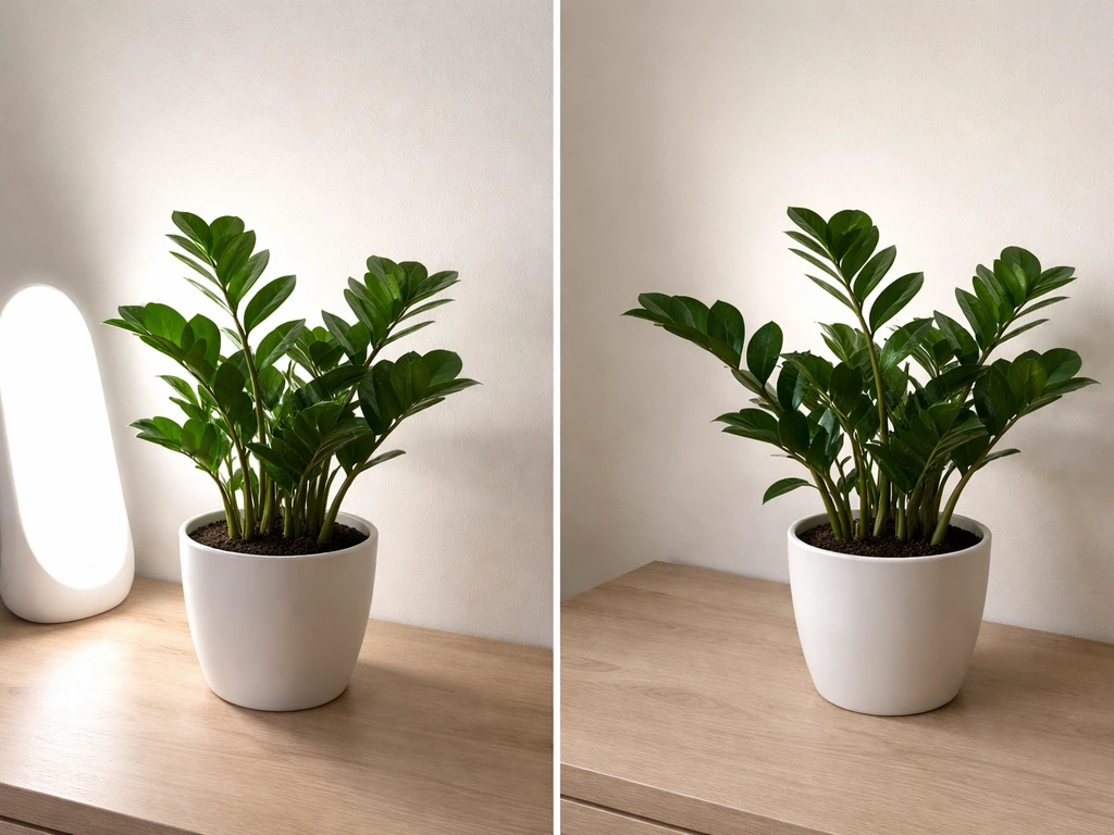 Same houseplant, one side under a bright SAD lamp and the other in dimmer light showing subtle differences.