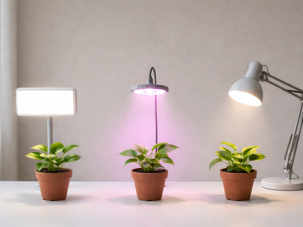 Three small indoor plant setups side-by-side with different light sources over each plant area.