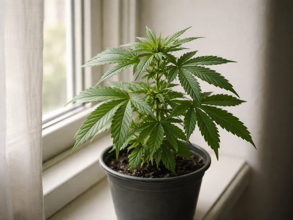 Cannabis plant thriving near a window with soft indirect daylight and no direct sunbeam