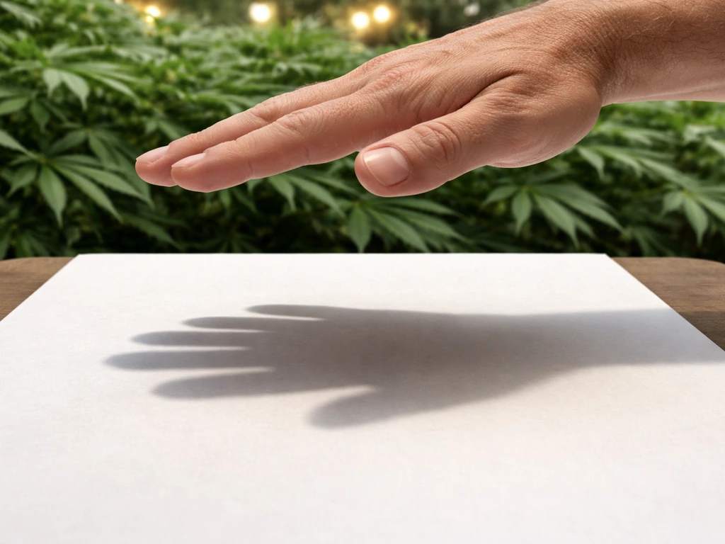 Close-up of hands over white paper showing a sharp vs soft shadow near a cannabis plant canopy.