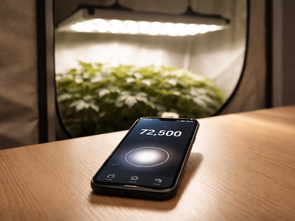 Smartphone showing a lux meter app beside a small indoor grow setup under grow lights