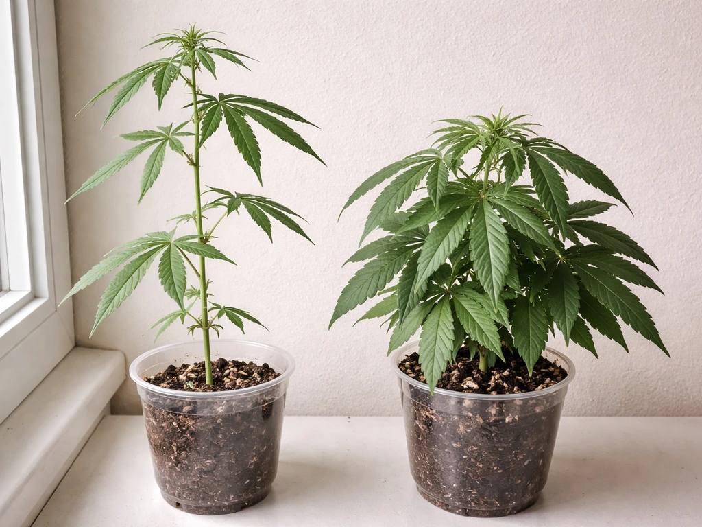 Side-by-side cannabis plants showing leggy stretching and pale, light-stressed leaves by a window.