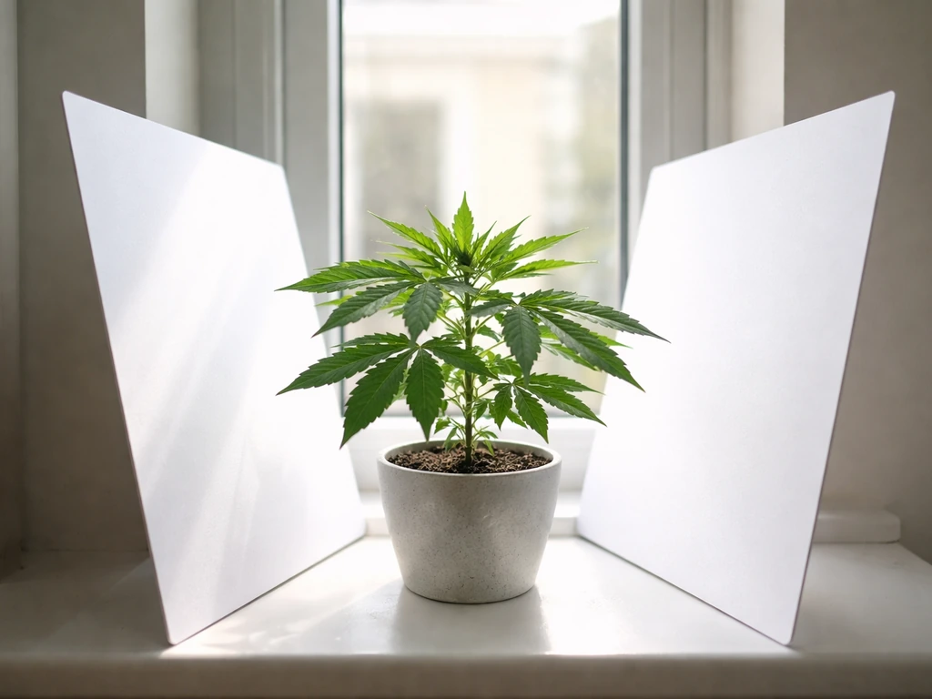 Small cannabis plant placed close to a bright window with white reflector panels bouncing light into the canopy