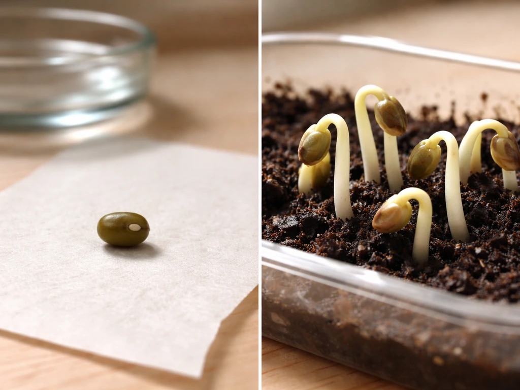 Split view of mung bean seed before germination and dark-grown sprouts without green leaves