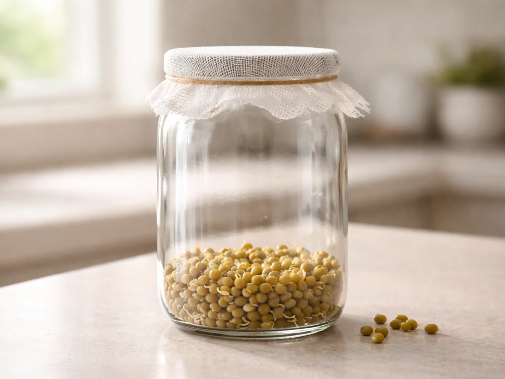 Clean 1-quart jar with mesh lid and drained mung beans ready to start dark sprouting on a kitchen counter.