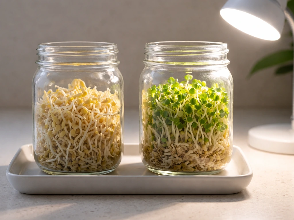 Dark sprout jar beside a bright light, showing greener, more compact growth in the lit area