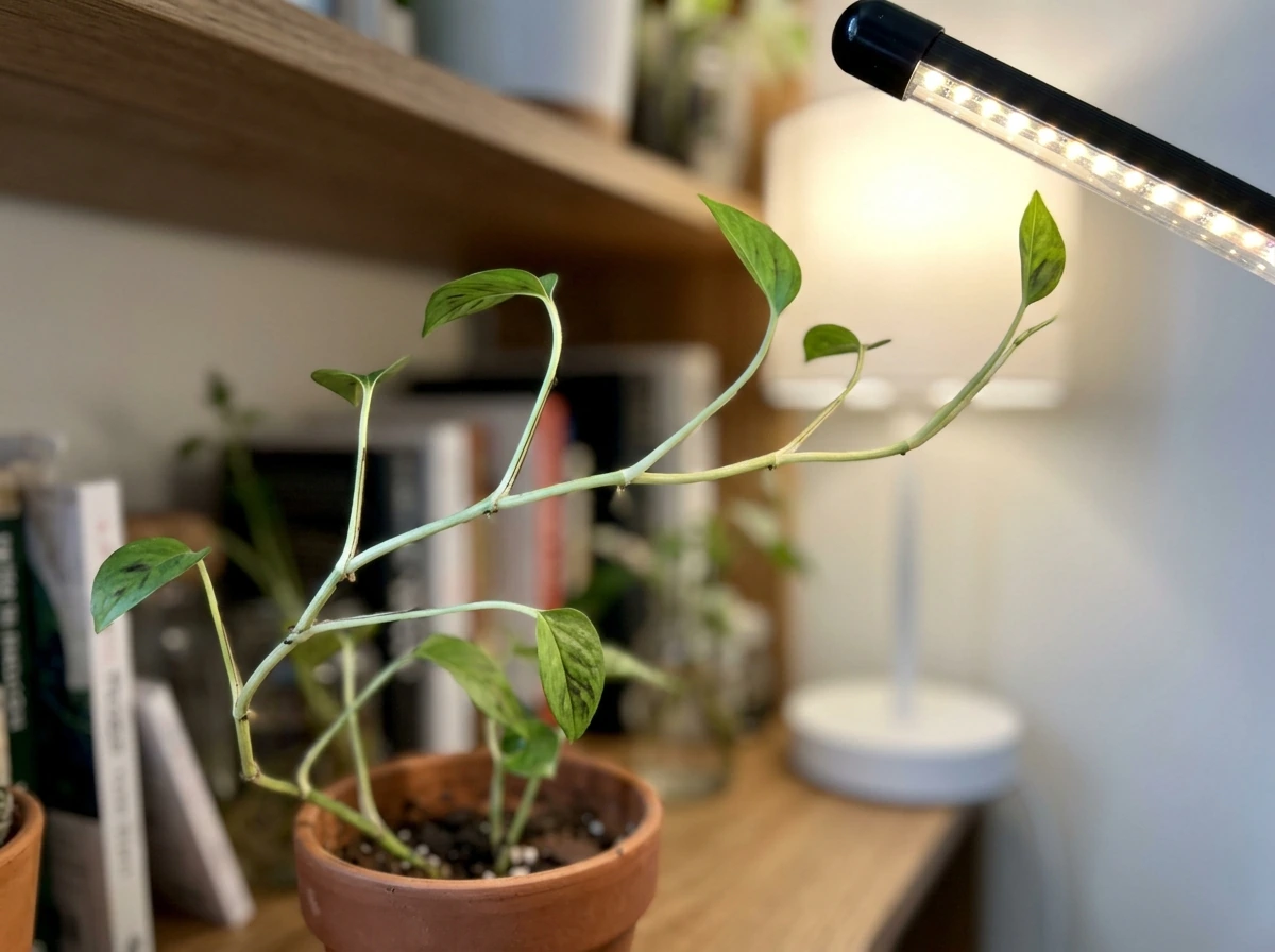 Close-up of leggy growth from insufficient light