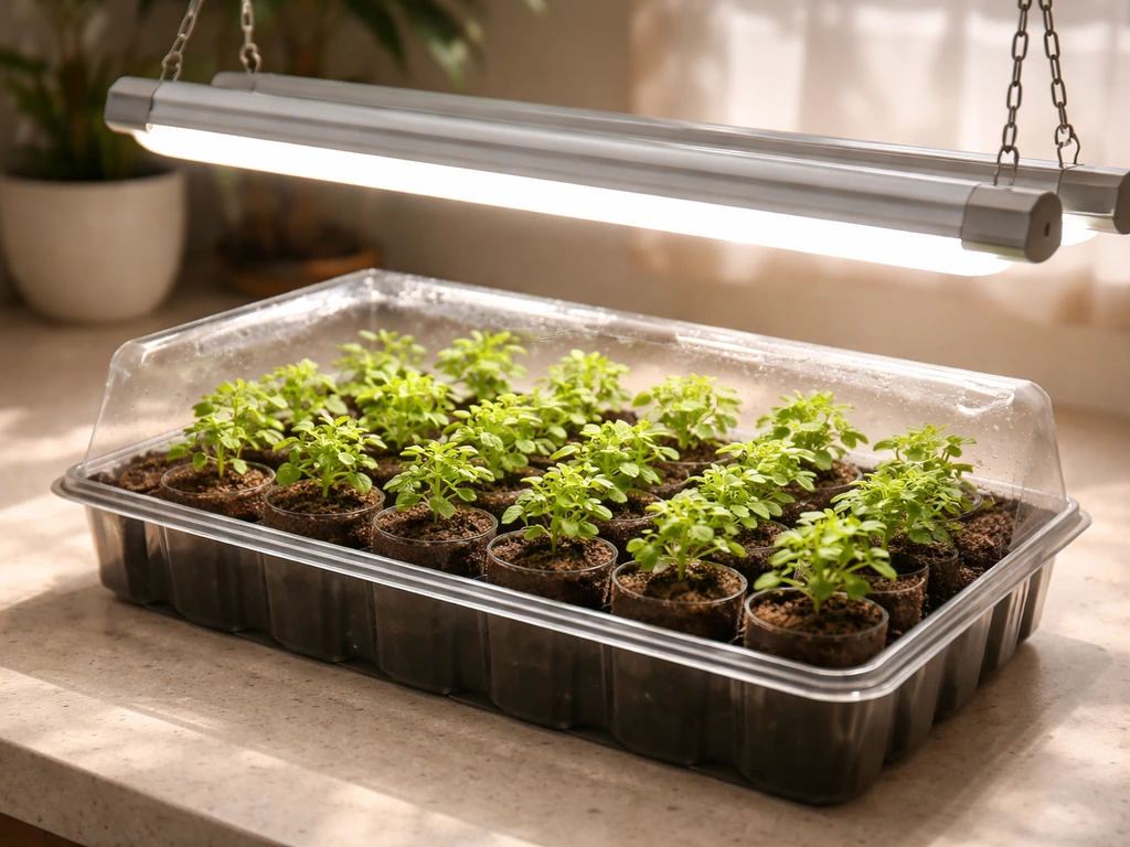 Seedlings thriving under bright indoor tube lights in a simple grow tray setup