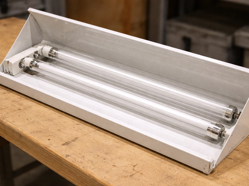 Close-up of a fluorescent shop-light fixture with slim tubes and reflector hood.