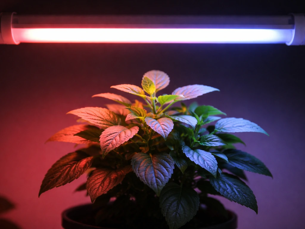 A small plant under a tube light with subtle red and blue colored lighting around the leaves.