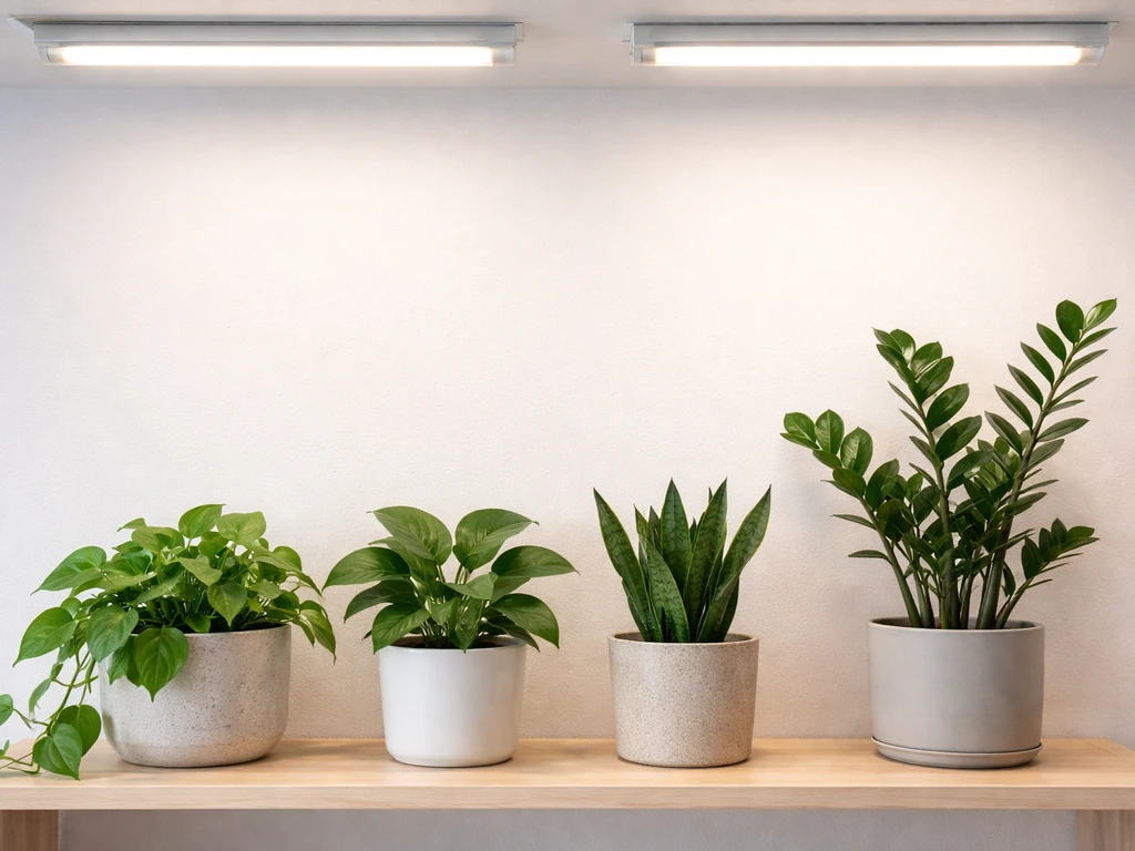 Four tube-light-friendly houseplants in separate pots under fluorescent tubes in a clean room.