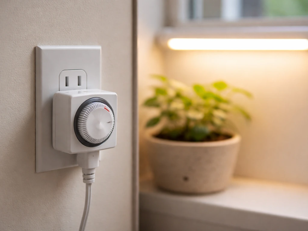 Close-up of a plug-in timer connected to an LED grow tube light beside a small plant on a windowsill.