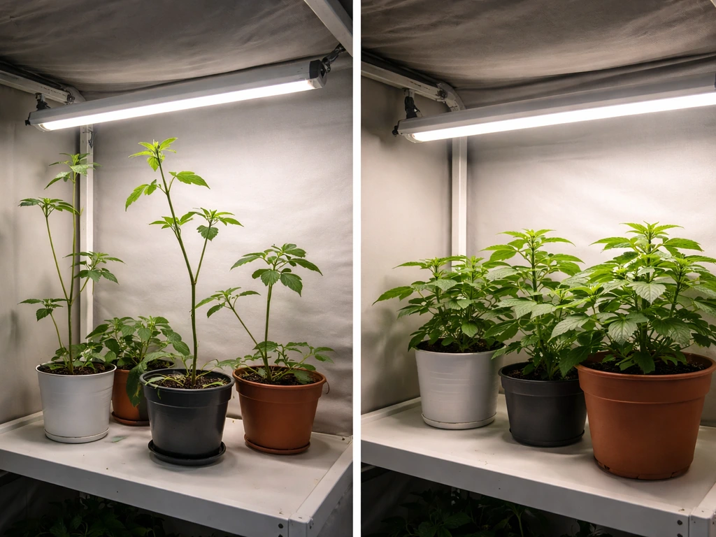 Before/after indoor grow plants: leggy stretching under tube light vs compact growth after lowering the fixture.
