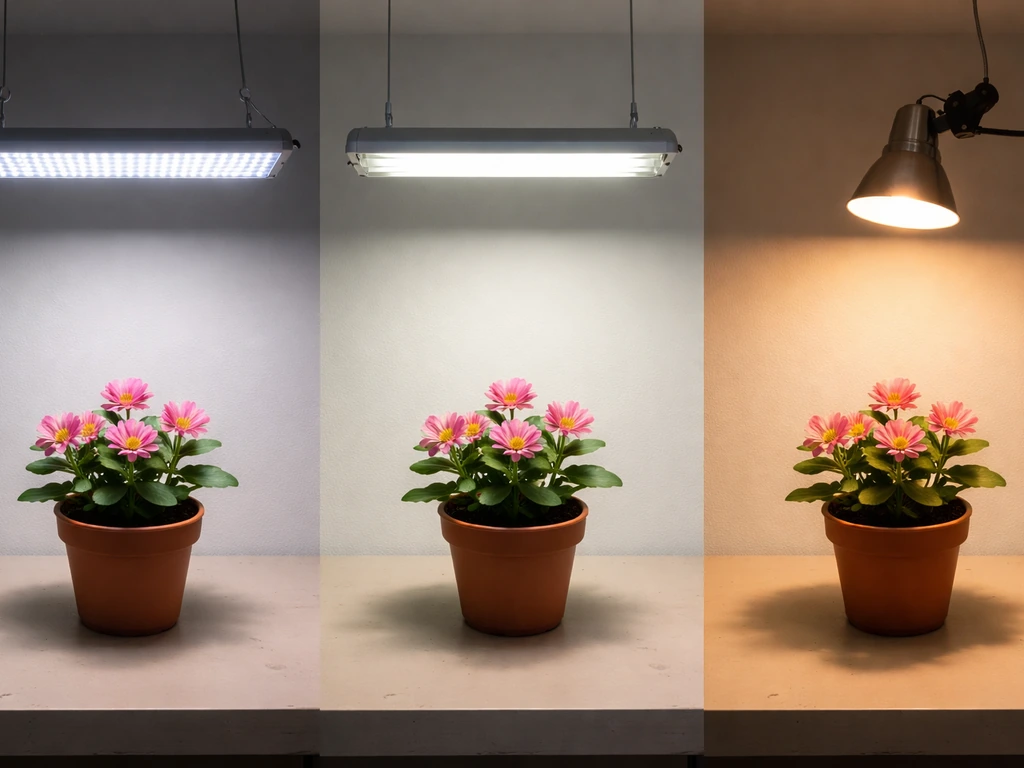 Three light types shown side-by-side over similar potted plants: LED panels, fluorescent tubes, and incandescent bulbs.