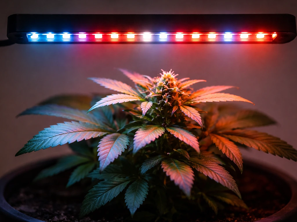 Close-up of an LED grow light emitting blue and red segments above a blooming plant.