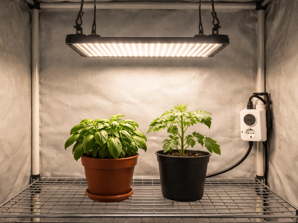 LED grow light over a few plants with visible timer plug near the tent wall