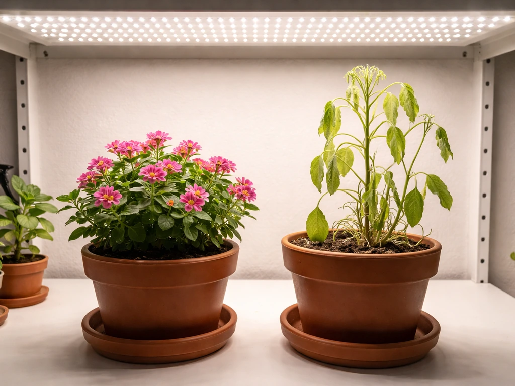 Two potted plants under LED grow lights—one healthy blooming, one leggy with pale drooping leaves.