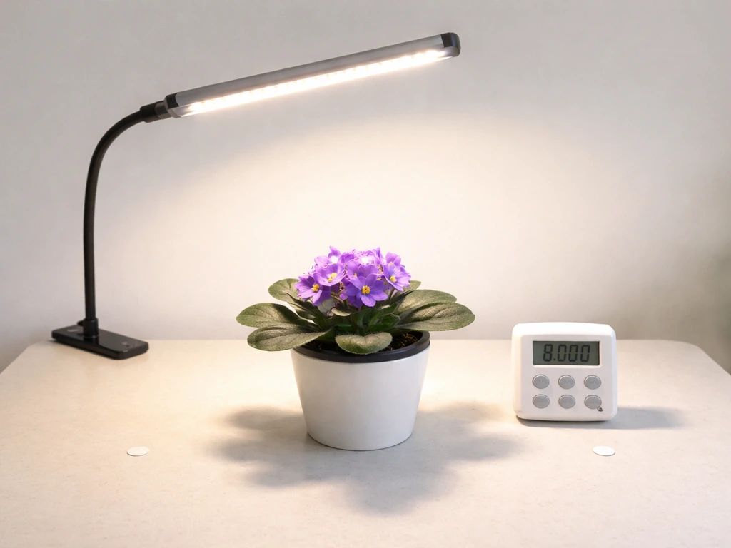 Minimal timer, LED grow light, and a single flowering African violet on a table with canopy height dots