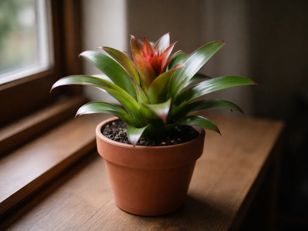 Healthy bromeliad in a terracotta pot on a dim windowsill with soft indirect daylight.