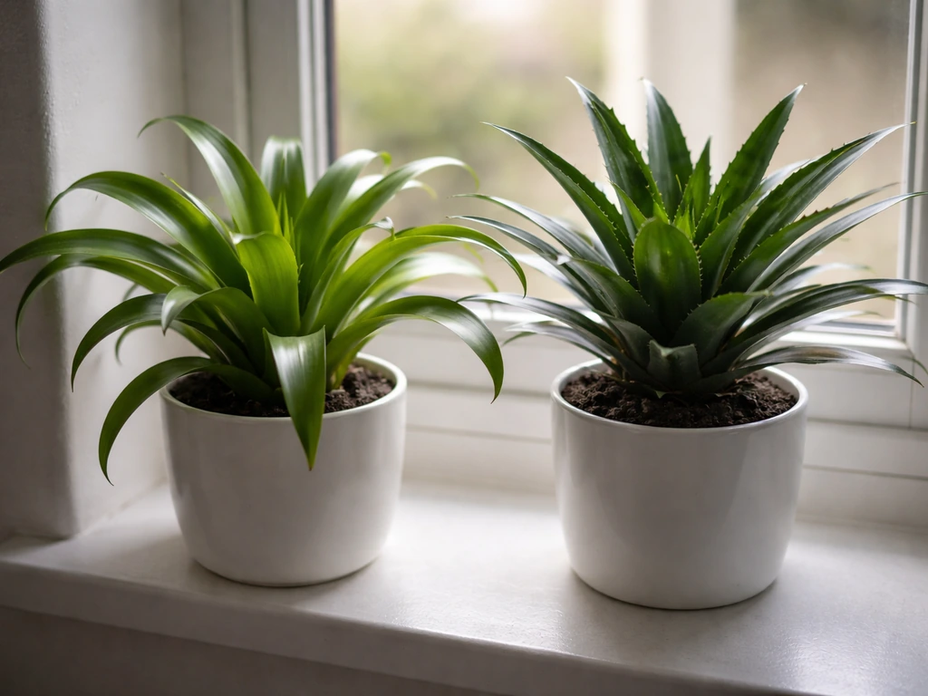 Two bromeliad plants in a dim room showing softer vs tougher leaf textures side by side.