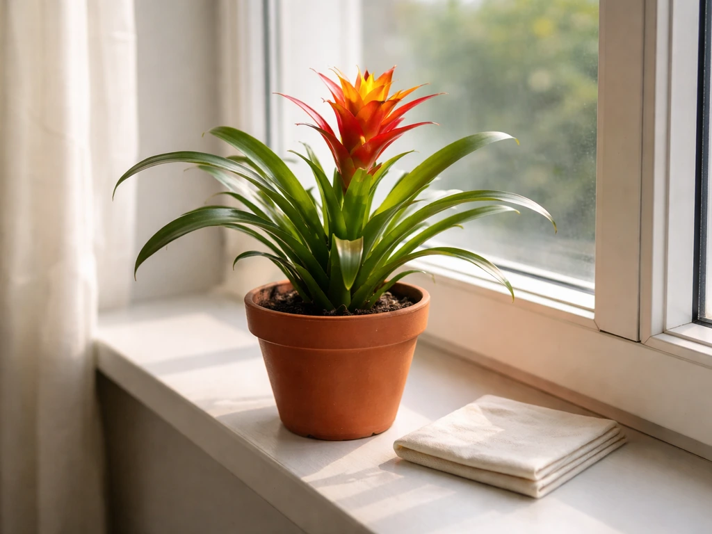 Bromeliad on a windowsill in soft morning light, angled toward the window for practical rotation.