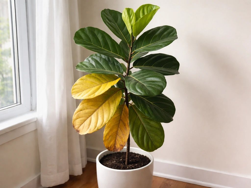 Fiddle leaf fig with both thriving glossy green leaves and stressed yellowing leaves near a window.
