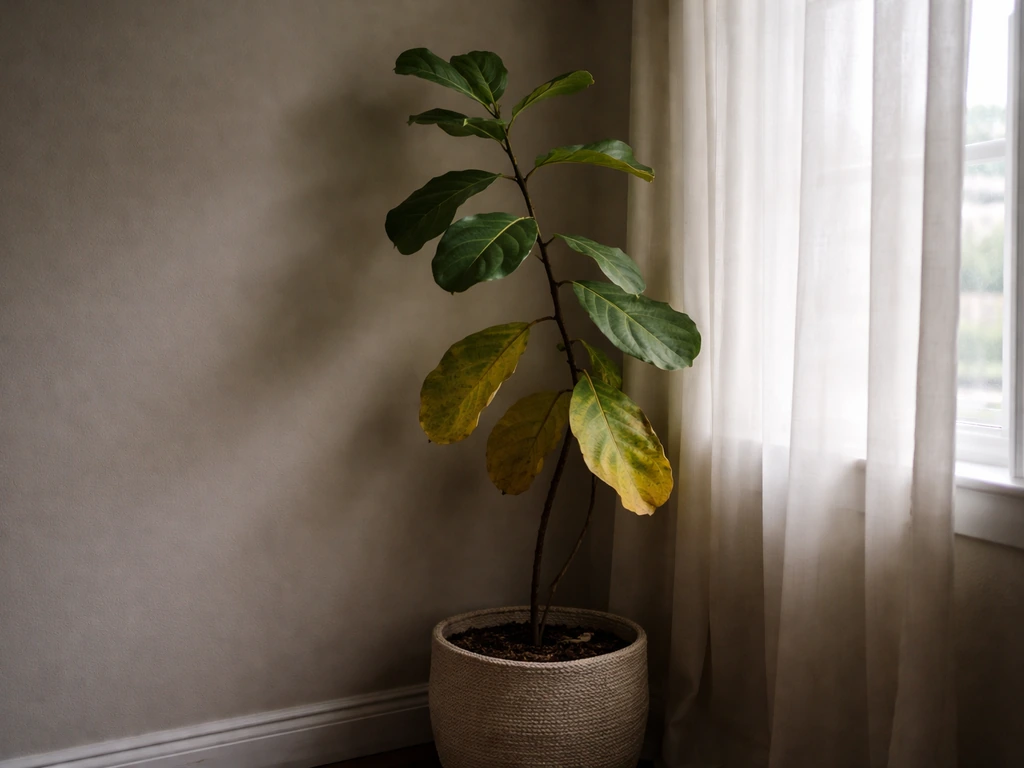 Fiddle leaf fig in a dim corner leaning toward a window, with yellowing lower leaves and sparse growth.