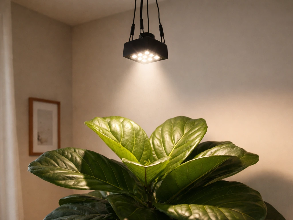 LED grow light hanging above a fiddle leaf fig, illuminating the top leaves in a minimal room.