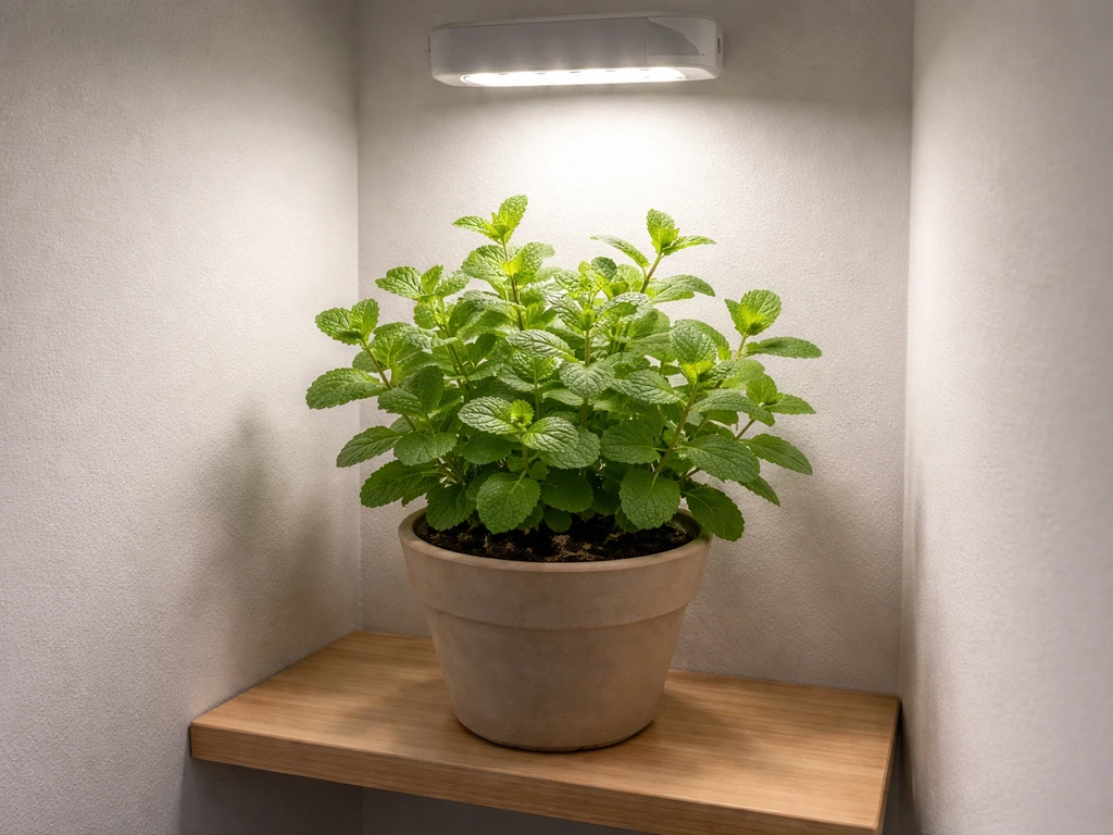 Potted indoor mint thriving under an LED grow light in a simple, minimal room setup.