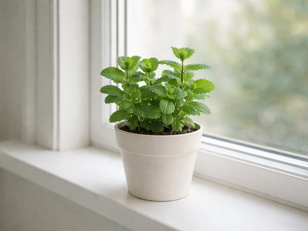 Potted mint on a bright windowsill near the glass but not in direct sunlight, showing indirect light placement.