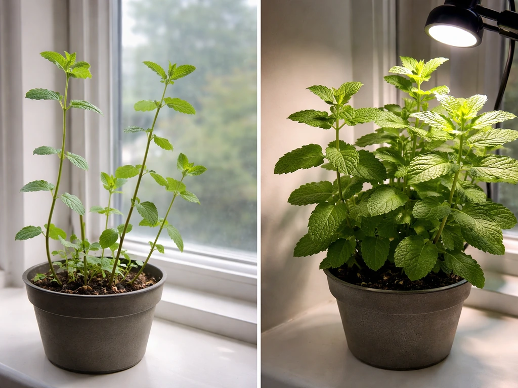 Close-up of pale, leggy mint beside greener mint under a closer light source.