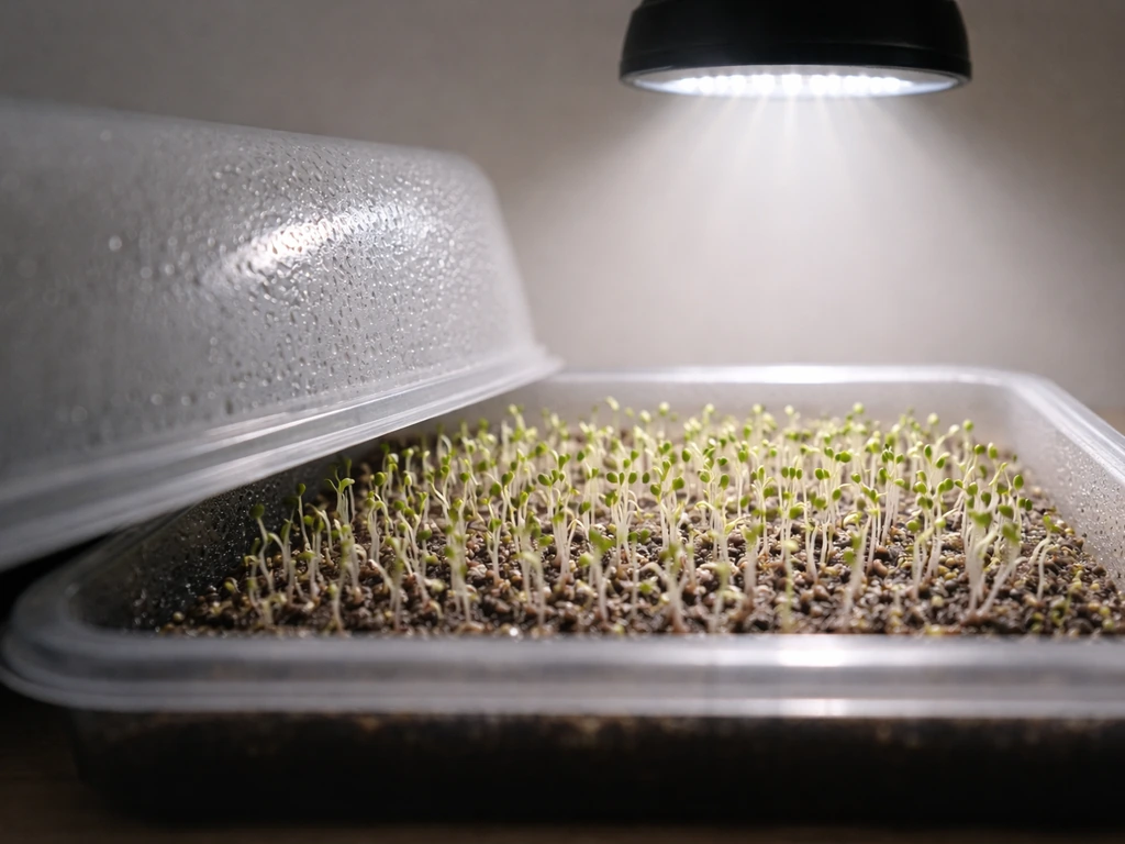 Indoor chia seed sprouts in a covered germination tray, lit by an LED grow light with dark-to-lit contrast.