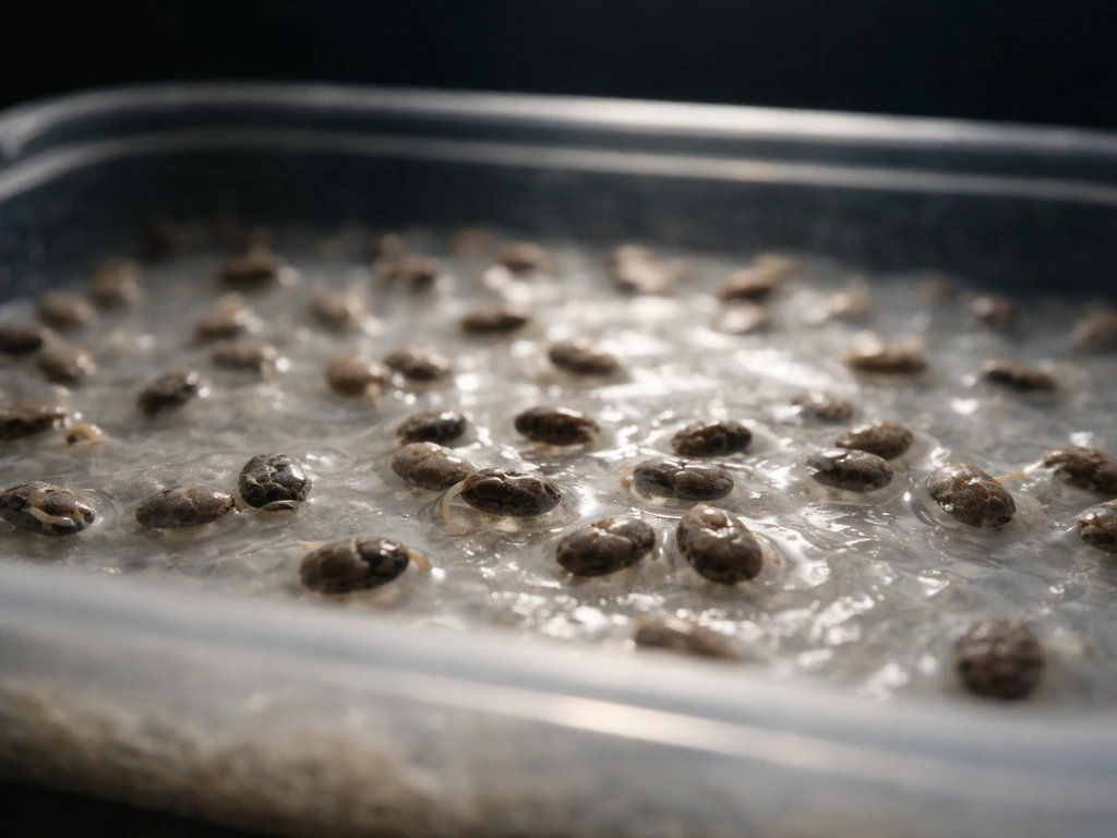 Close-up of chia seeds on a translucent gel in a covered dark germination tray