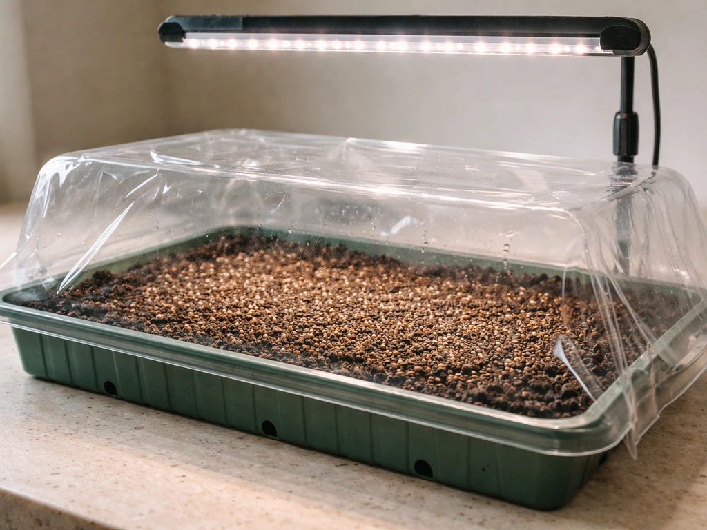 Close-up of a shallow tray with damp chia medium, seeds, clear humidity cover, and LED grow light above.