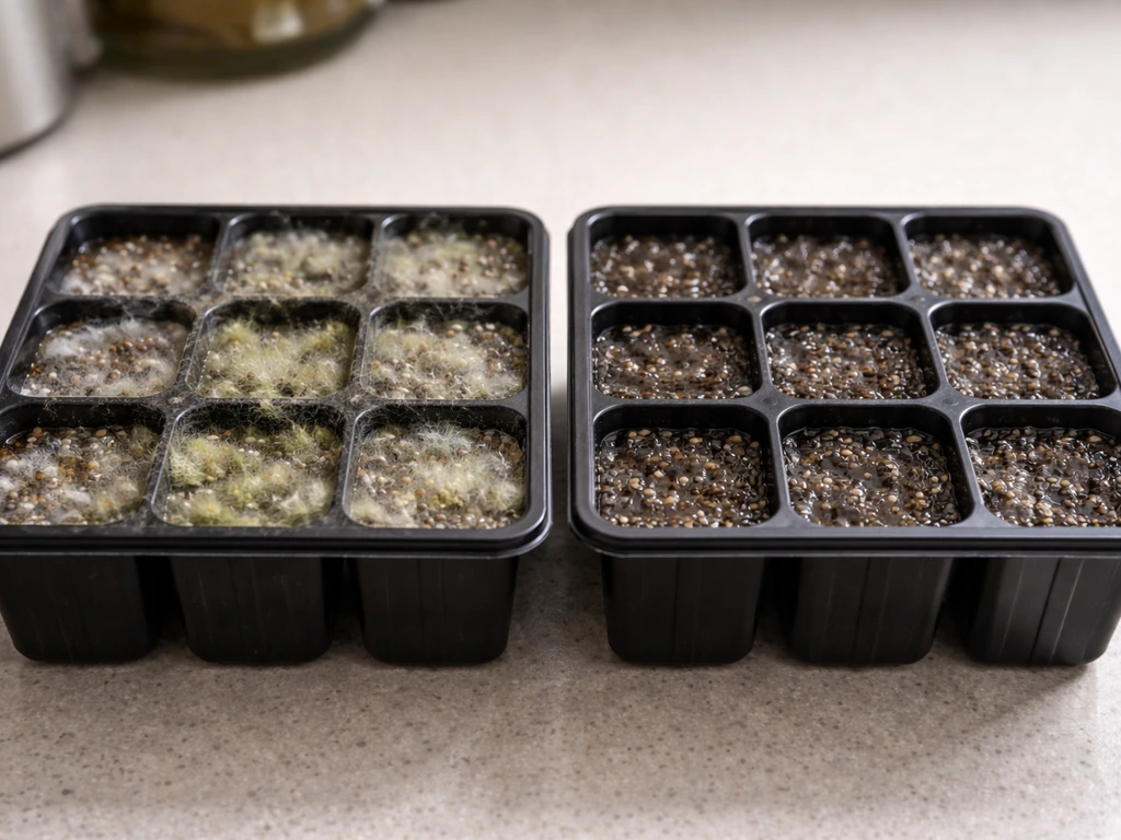 Side-by-side seed trays showing fuzzy green-white mold on one damp medium and healthy moist medium on the other.