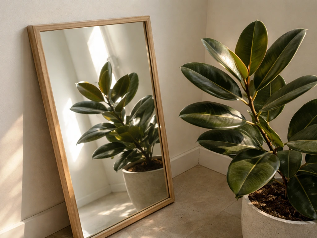Household mirror angled beside an indoor potted plant, reflecting light onto darker leaves