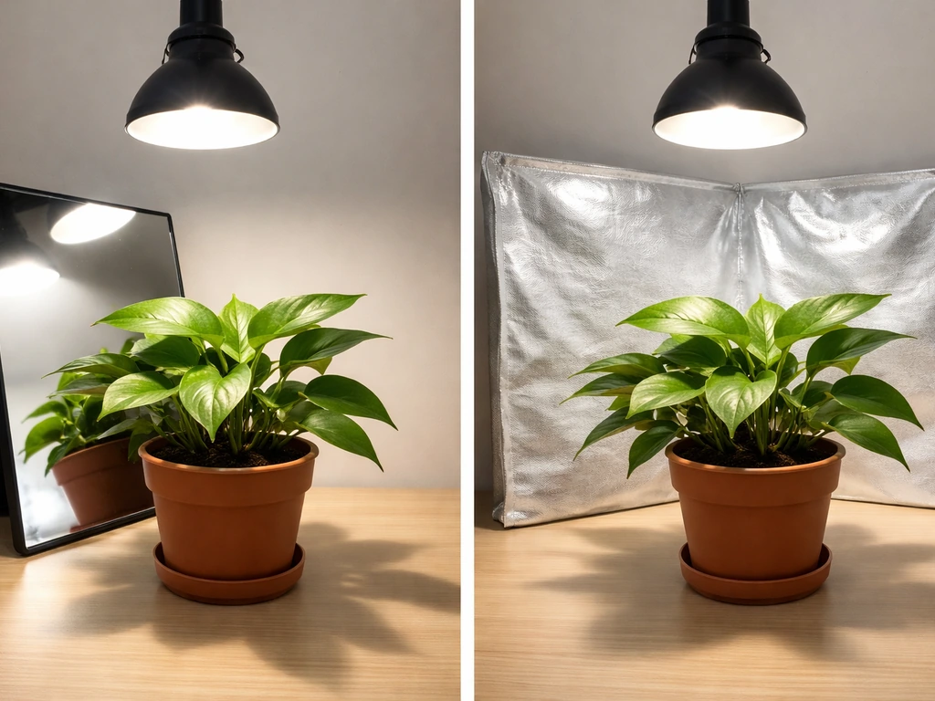 Two indoor plant setups: mirror creates a bright hotspot risking leaf burn; diffused reflective wall stays even.