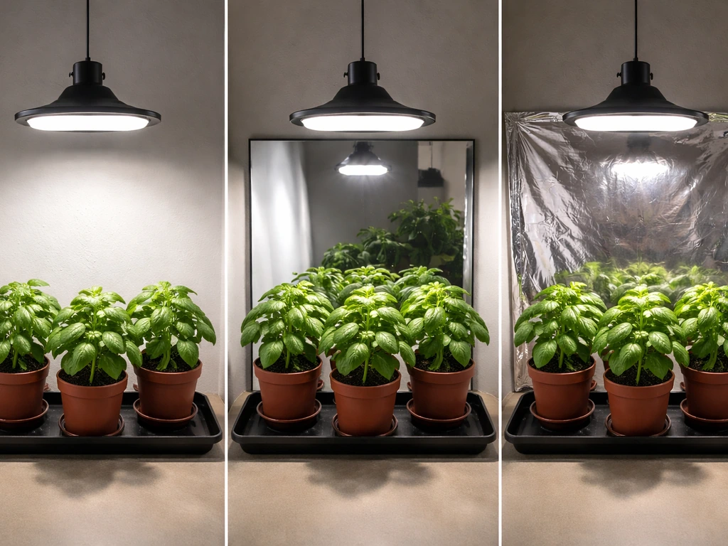 Three minimal plant setups showing different reflective surfaces around grow lights
