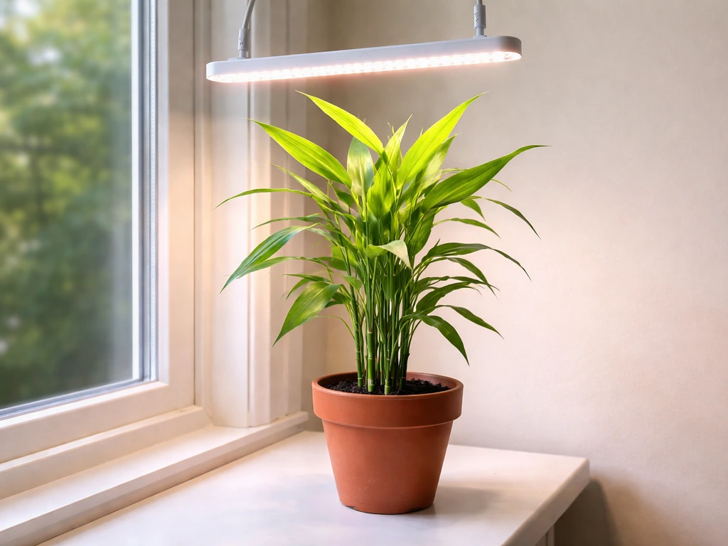 Indoor bamboo by a window with an LED grow light shining on its leaves.