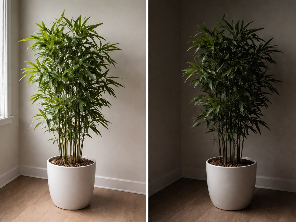 Bamboo shoots side-by-side: one by a window in low light, one in a very dim corner.